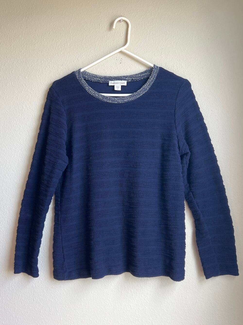 Coldwater Creek Textured Knit Top Medium Navy Blue Tweed Trim Neckline